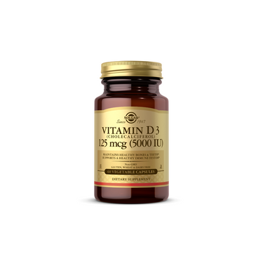 A bottle of Solgar Vitamin D3 (Cholecalciferol) 5000 IU (125 mcg) in vegetable capsules provides essential bone health benefits and supports the immune system.
